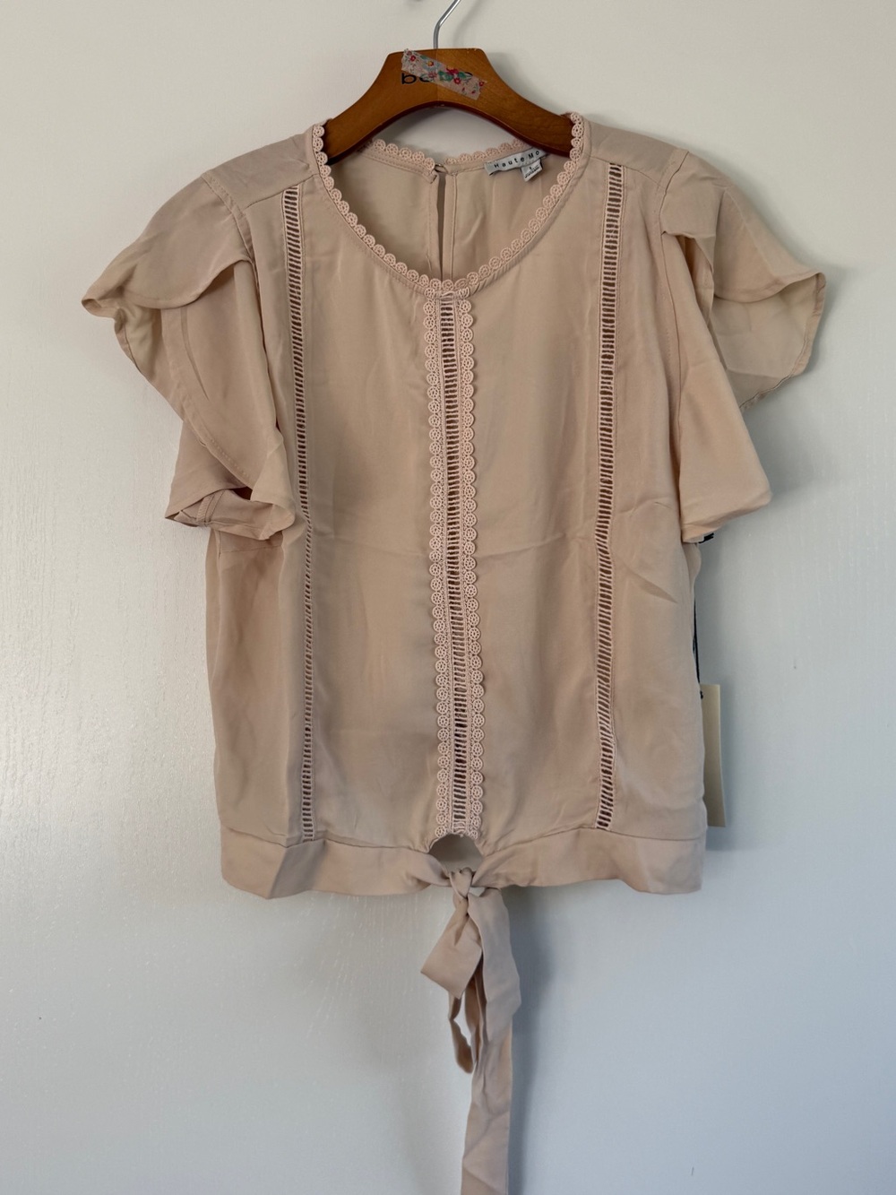 Haute Monde BeigeTie-Front Lace-Trim Blouse Ruffle Sleeve L